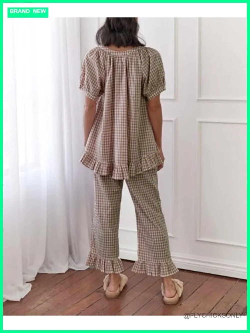 Women Plaid Ruffle Hem Pajama Set Short Sleeve High Waist Bell Bottom Pants